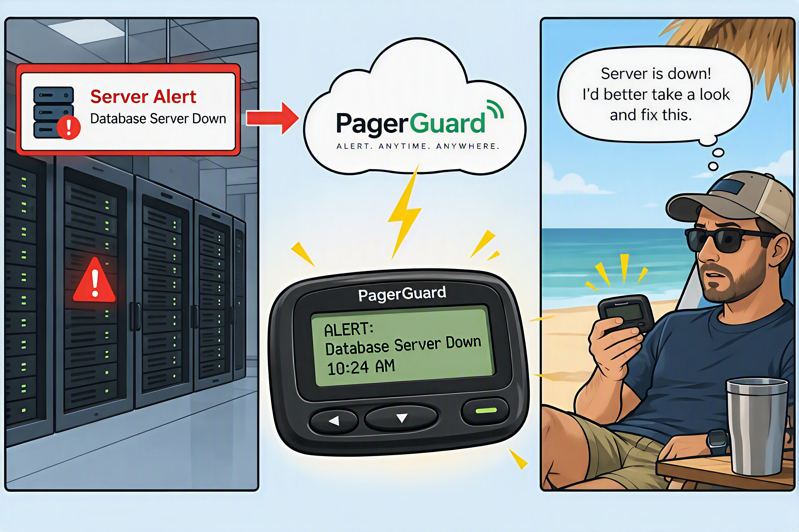 A video storyboard frame showing an IT professional in a data center receiving a critical alert on a pager with the PagerGuard logo. The background includes server racks, screens displaying monitoring dashboards, and dim but professional lighting. The pager screen displays a clear, urgent alert message in a bold, readable font, emphasizing the pager's role as a resilient communication tool during outages or cyber incidents. The aesthetic is clean, modern, focused on technology, reliability, and the PagerGuard brand representation for the IT industry.
