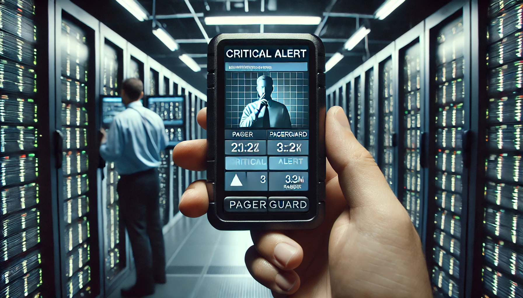 A video storyboard frame showing an IT professional in a data center receiving a critical alert on a pager with the PagerGuard logo. The background includes server racks, screens displaying monitoring dashboards, and dim but professional lighting. The pager screen displays a clear, urgent alert message in a bold, readable font, emphasizing the pager's role as a resilient communication tool during outages or cyber incidents. The aesthetic is clean, modern, focused on technology, reliability, and the PagerGuard brand representation for the IT industry.